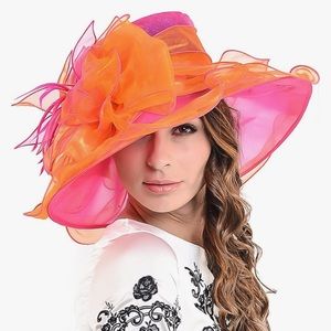 Kentucky Derby Wedding Floral Tea Party Hat Large Brim - Rose/Orange
